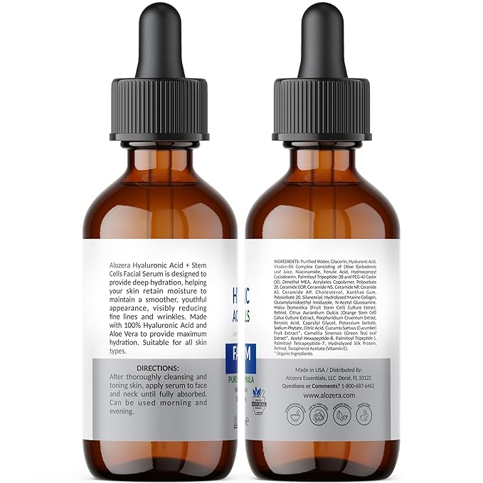 Alozera Hyaluronic Acid Serum for Face with Stem Cells, Deep Hydrating & Plumping Facial Serum for Dry Skin, Helps Improve Smoothness & Elasticity, Anti-Aging Moisturizing Serum for Day & Night