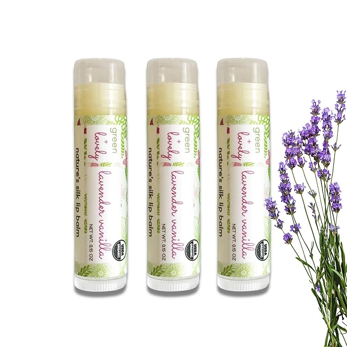 Organic Certified Lip Balm Butter(3 Pack) by Green and Lovely | Lavender Vanilla Lip Oil for Total Hydration and Repair | 0.15 oz Lip Moisturizer Tube made with Premium Organic Ingredients