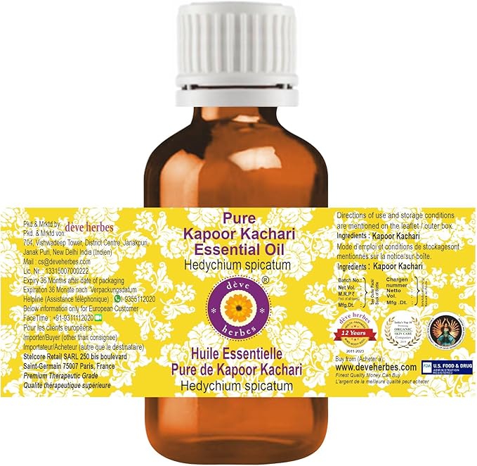 Deve Herbes Pure Kapoor Kachari Essential Oil (Hedychium spicatum) Steam Distilled 15ml (0.50 oz)