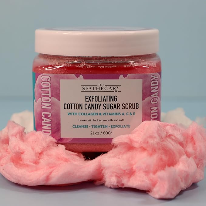 Cotton Candy Sugar Scrub - Exfoliating & Hydrating Body Scrub With Collagen & Vitamin A,C, & E to Help Smooth, Soft & Nourish for Radiant Skin, Body Care Exfoliator & Cleanser, 21 oz