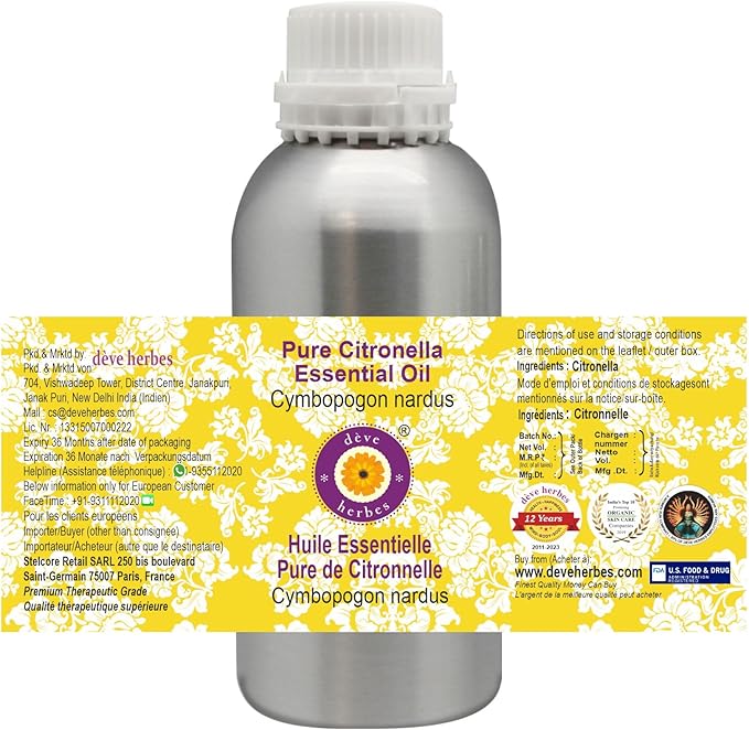 Deve Herbes Pure Citronella Essential Oil (Cymbopogon nardus) Steam Distilled 1250ml (42 oz)
