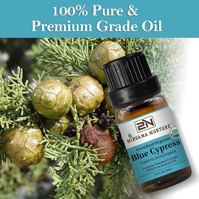 Blue Cypress Essential Oil, USDA Certified Organic, 100% Pure Undiluted, Aromatherapy Oil for Diffuser, Hair & Skin Care