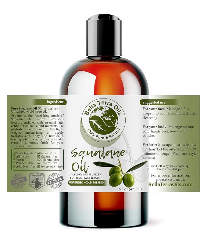 Bella Terra Oils - Organic Squalane Oil 16 oz - Pure Organic Squalanes Extract, Enriched with E-Vitamins & Omega Fatty Acids, Elevate Your Skin Care Regimen
