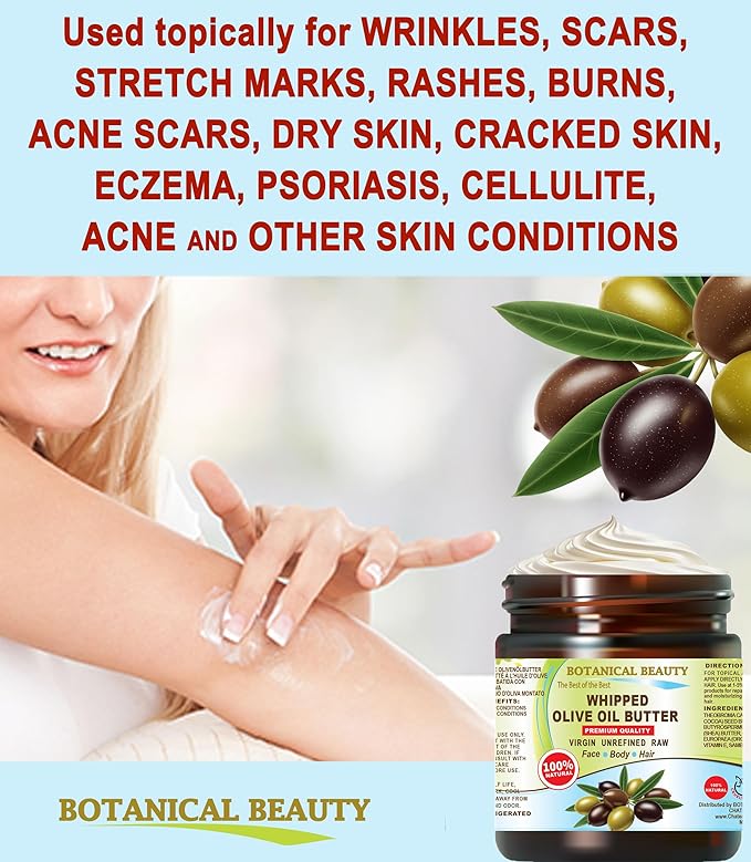 Botanical Beauty Whipped OLIVE OIL BUTTER 100% Natural Pure Organic Cocoa Butter, Shea Nut Butter, Organic Olive Oil Virgin Unrefined for FACE, SKIN, BODY, HAIR, NAILS. (8 Fl Oz)