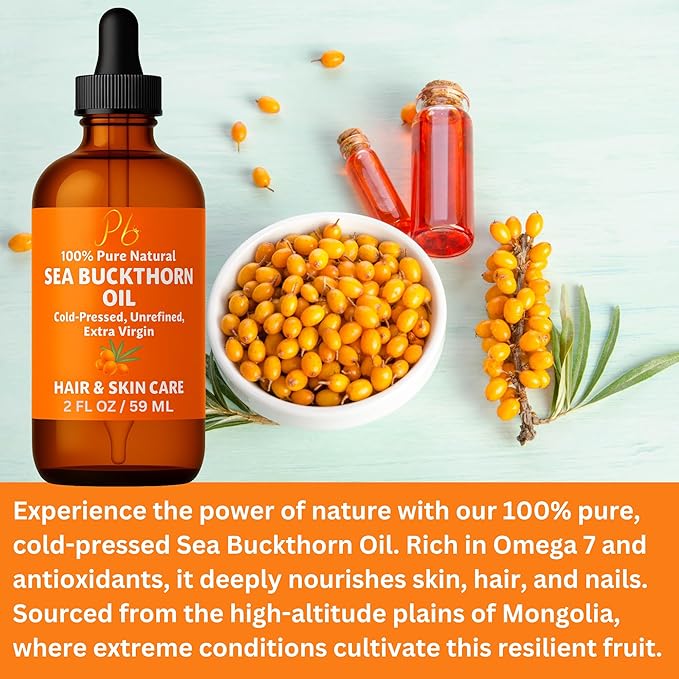 Pomberries Sea Buckthorn Oil – 100% Pure Cold-Pressed from Fruit & Seed – Sea Buckthorn Seed Oil for Face, Hair, Skin & Nails – Supports Radiant, Youthful-Looking Skin – Amber Glass Bottle 2 fl oz