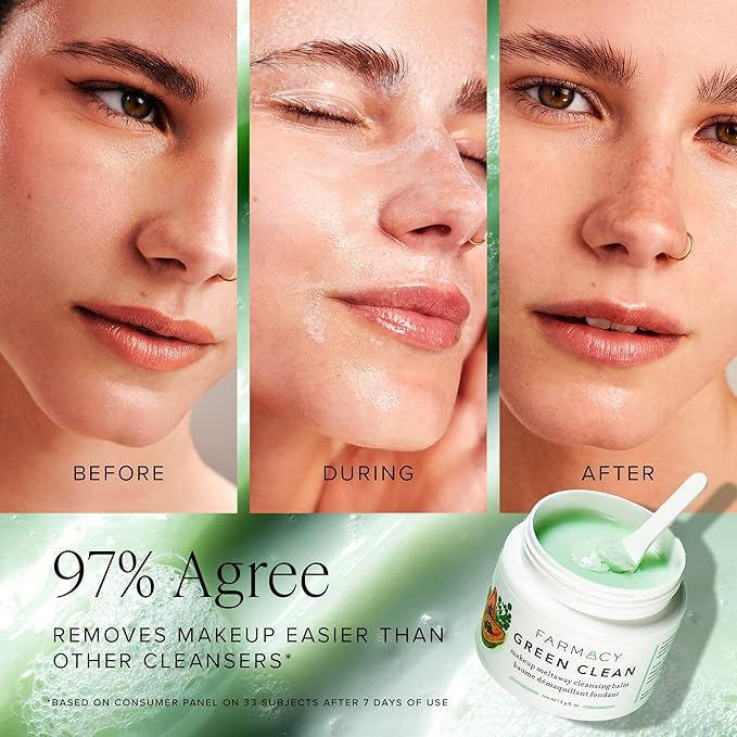 Farmacy Makeup Remover Cleansing Balm - Green Clean Waterproof Makeup Remover Balm + Oil Cleanser for Face - Gently Melts Make Up + SPF - Hydrates + Softens Skin with Super Greens + Papaya (200ml)
