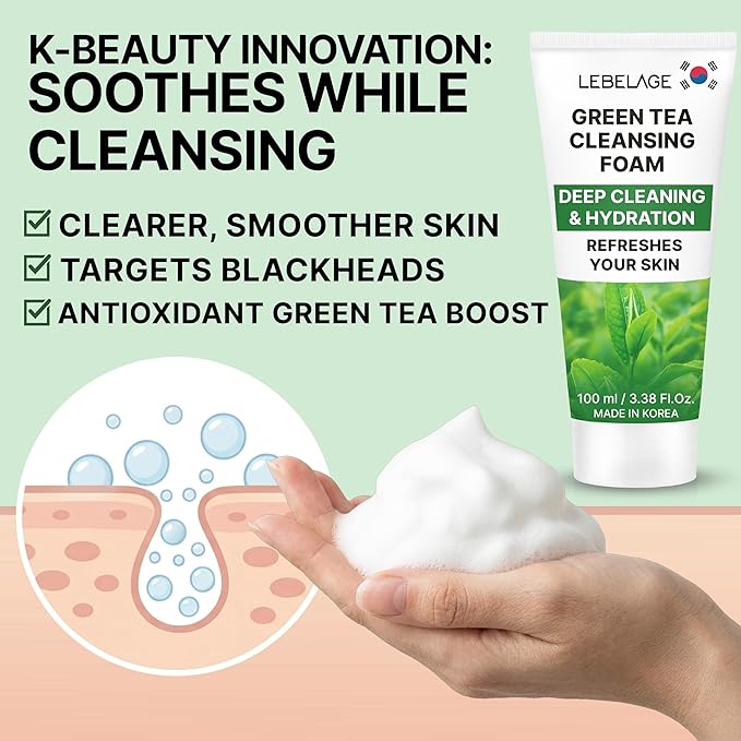 LEBELAGE Korean Green Tea Facial Cleanser 3.38 oz | Cleansing Foam Face Wash | Low pH Gentle Hydrating Daily Facial Cleanser Sensitive Skin | Deep Cleansing Foaming Cleanser, Pore Care-All Skin Types