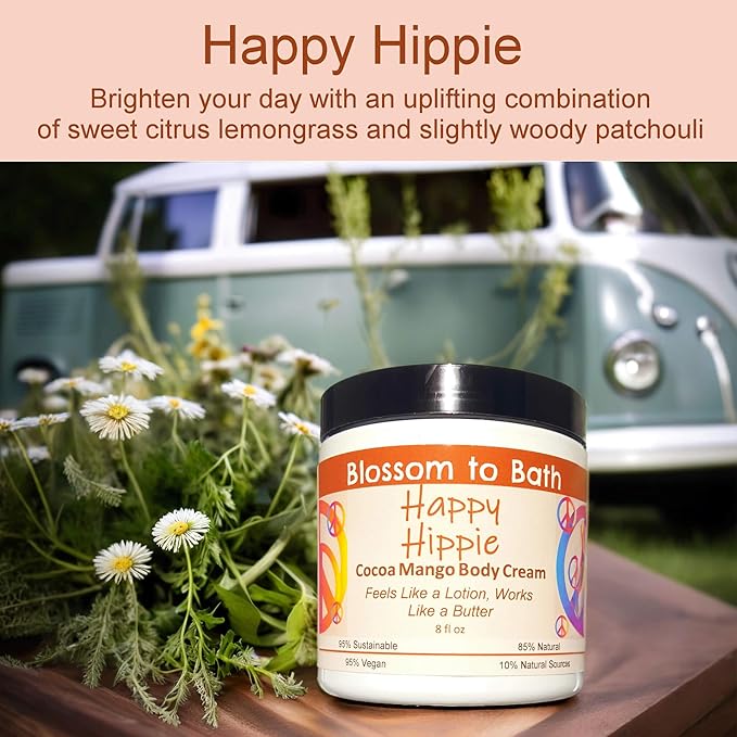 Blossom to Bath Happy Hippie Cocoa Mango Body Cream (8 Ounce) - Pure Essential Oil Fragrance - Feels Like A Lotion And Works Like A Butter with a Sweet Happy Herbal Scent