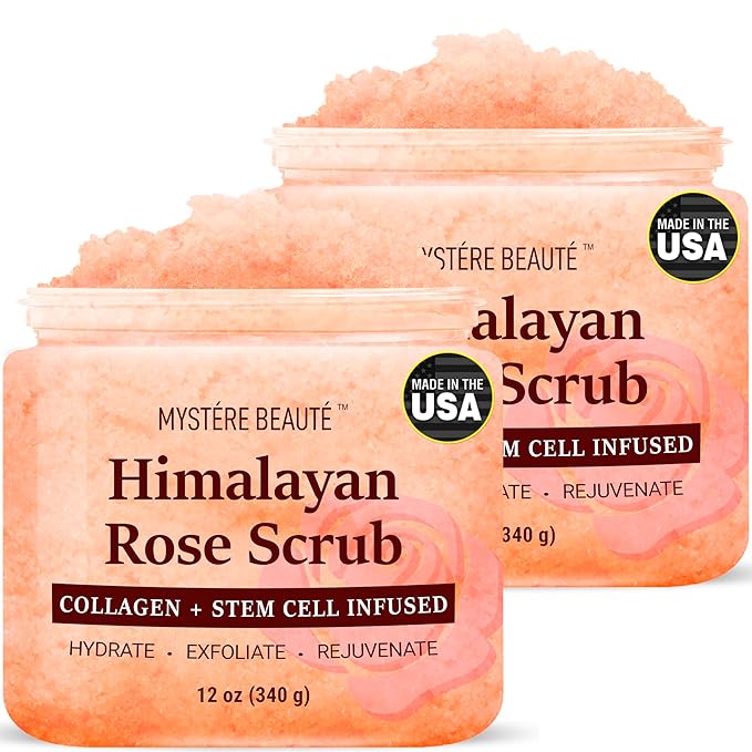 MYSTÉRE BEAUTÉ Himalayan Salt Body Scrub Twin Pack (12 oz x 2) - with Collagen, Rose Oil & Stem Cells - Exfoliating Scrub for Cellulite, Acne & Stretch Marks - Natural Skin Care Gift Set