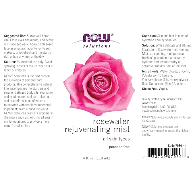 NOW Solutions Rosewater Rejuvenating Mist, Hydration and Rejuvenation Spray for All Skin and Hair Types, 4-Ounce