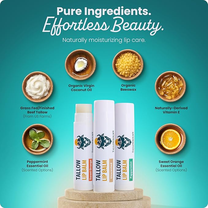 Moisturizing Tallow Lip Balm – Grass-Fed Beef Tallow with Organic Coconut Oil, Beeswax, and Vitamin E – Lip Balm Set – Variety Pack – Travel Essential – 3-Pack