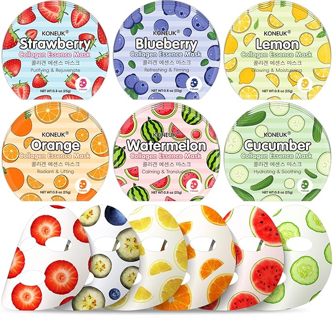 KONEUK 18 Pack Colorful Fruit Face Masks Skincare for Women, Bulk Sheet Hydrating Facial Mask for All Skin Types, Collagen Face Mask for Skin Care, Teacher Gifts, Mothers Day Gifts, Spa Party Gifts