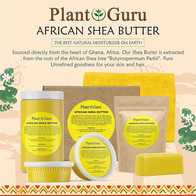 Plant Guru Raw African Shea Butter 8 oz. 100% Pure Natural Unrefined YELLOW - Ideal Moisturizer For Dry Skin, Body, Face And Hair Growth. Great For DIY Soap and Lip Balm Making.