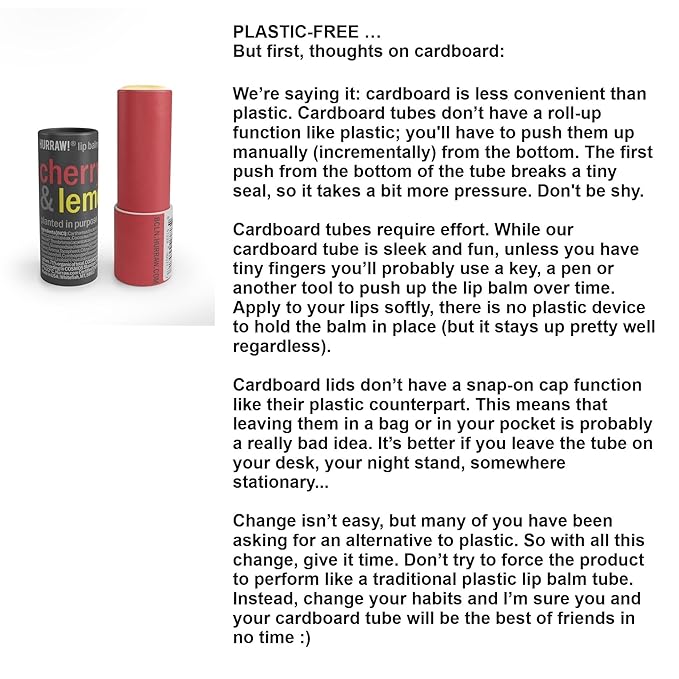 Hurraw! Cherry & Lemon Lip Balm: Plastic-Free with new cardboard push-up tube. Certified Organic, 100% Natural Origin, Vegan, and Cruelty Free. Gluten Free. Bee, Shea, Soy and Palm Free. Made in USA