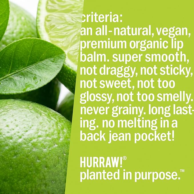 Hurraw! Lime Lip Balm: Organic, Certified Vegan, Cruelty and Gluten Free. Non-GMO, 100% Natural Ingredients. Bee, Shea, Soy and Palm Free. Made in USA
