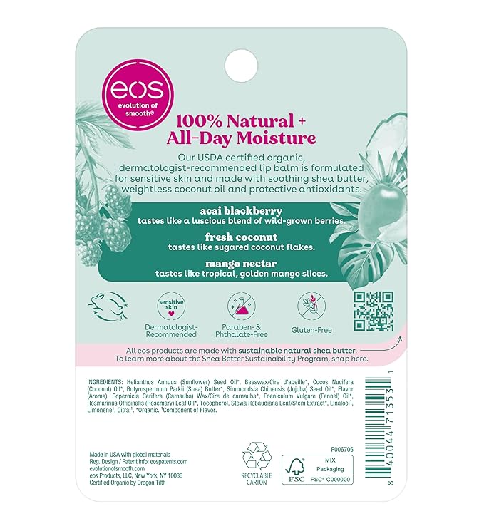 eos Natural Shea Lip balm - Acai Blackberry, Fresh Coconut, Mango Nectar, eos lip balm, All-Day Moisture, Lip Care, Shea Butter, Moisturizing, 0.14 oz, 3-Pack Sticks