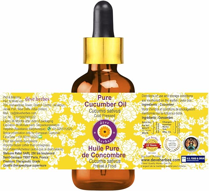 Deve Herbes Cucumber Oil (Cucumis sativus) with Glass Dropper | Cold Pressed | Pure | Natural | for Diluting Essential Oils | for Skin & Massage | Non-Sticky | Lightweight | Unisex | 15ml (0.50 oz)