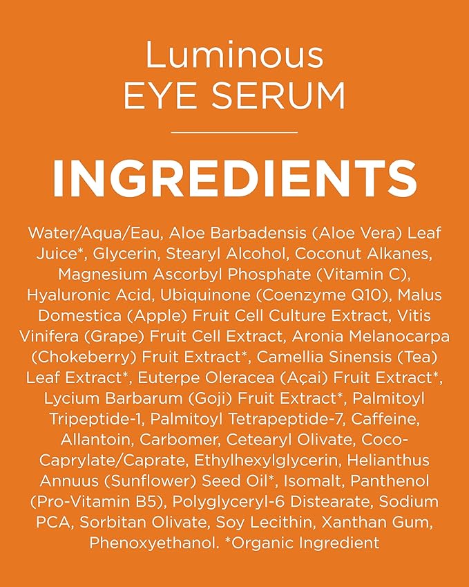 Andalou Naturals Luminous Eye Serum - Illuminating Under Eye Moisturizer for Dark Circles and Puffiness - With Vitamin C & Caffeine for a Rejuvenated, Youthful Appearance - 0.6 Oz
