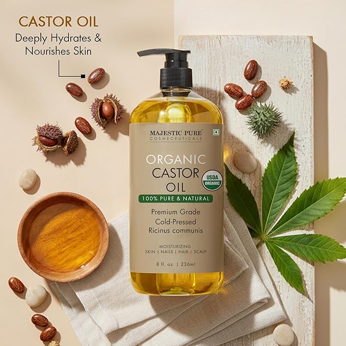 Majestic Pure Organic Castor Oil 8 Fl Oz with Reusable Wraps- 100% Pure and Natural- Cold Pressed & Hexane Free Natural Hair Growth Oil for Eyelashes, Eyebrows, Skin, Body, Face, Nails & Scalp