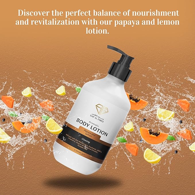 SAIF AL FARES Papaya and Lemon Body Lotion Alcohol Free & Paraben Free with Papaya and Lemon Scent made with Emollients, Vitamin E, Vitamin B5 & Natural Extracts 16.9 Fl Oz