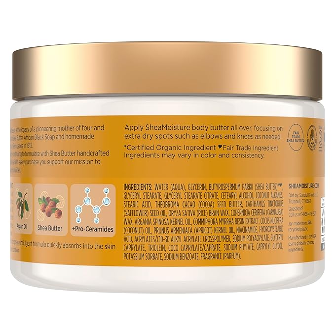 SheaMoisture Deeply Moisturizing Body Butter with Raw Shea Butter, Argan Oil and Pro-Ceramides, Rich Hydration & Healing of Dry Skin, 48H Moisturizing 11.5 oz