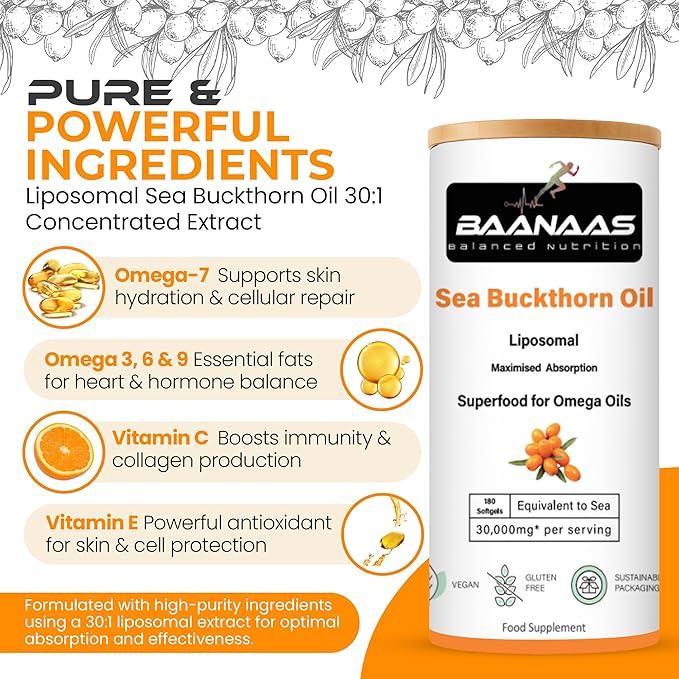 LIPOSOMAL Sea Buckthorn Oil Capsules 30,000mg | 180 Count | High Strength Vegan Supplement | Source of Omega 7 Essential Fatty Acids | No Artificial Preservatives | by Baanaas