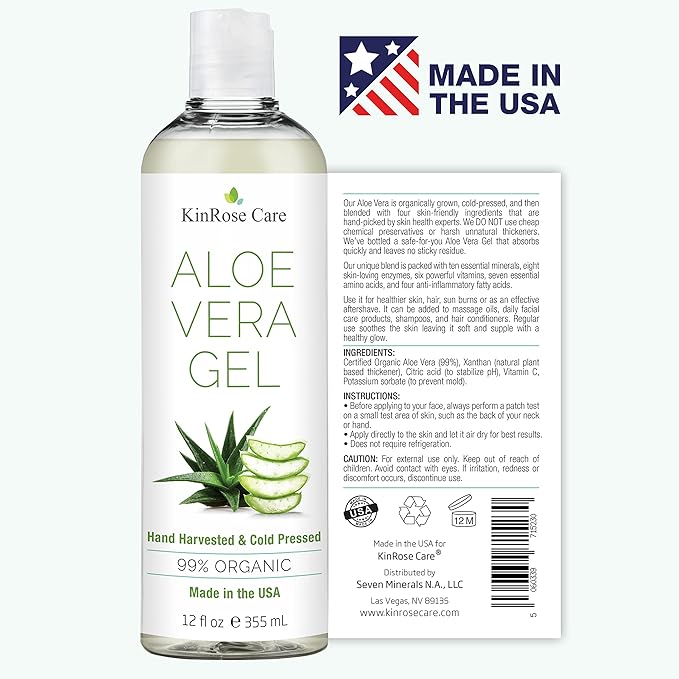 KinRose Care, 12oz Organic Aloe Vera Gel for Face, Skin, Hair & Sunburn Relief - From 100 Percent Pure Aloe Vera - Cold Pressed, Vegan, Unscented - Made in USA.