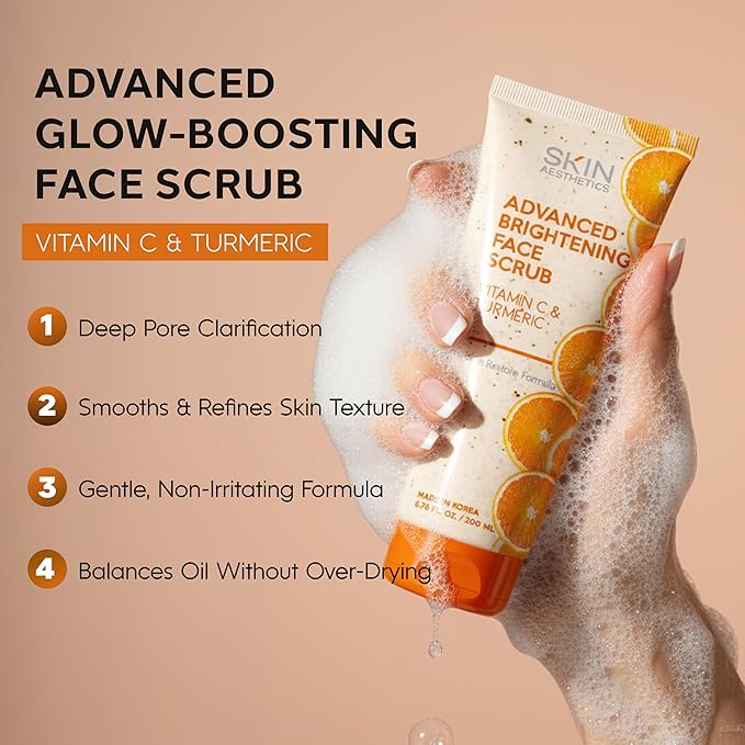 Skin Aesthetics Vitamin C & Turmeric Face Scrub – Gentle Exfoliator For Dark Spots, Uneven Tone & Glowing Skin – Dermatologist Tested, Anti-Aging, Korean Skin Care – Clean Beauty, Vegan – 6.76 Fl Oz