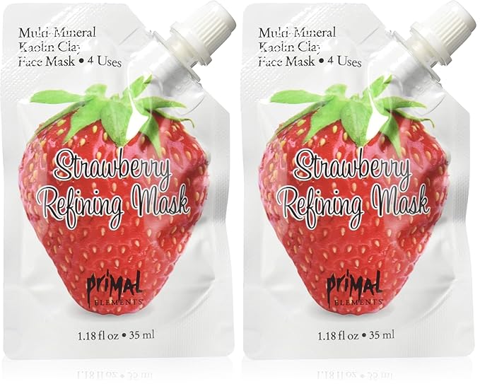 Primal Elements Face Mask, Clay Mud Facial Treatment, Reduce Pores & Treat Blackheads, Multi-Use Package, 1.18 oz - Strawberry Refining (Pack of 2)