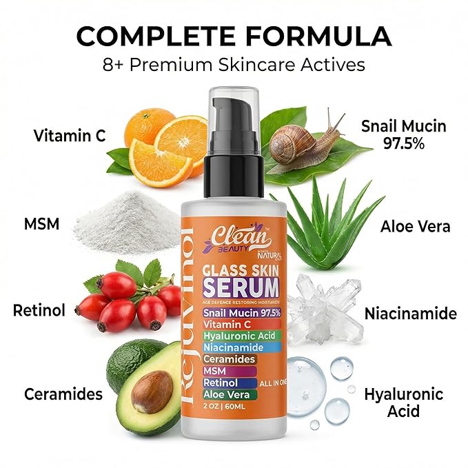 Clean Beauty Snail Mucin Serum Vitamin C Face Serum Anti Aging with Hyaluronic Acid Niacinamide Retinol MSM Aloe Vera & Ceramides, Korean Skin Care Dark Spot Remover for Glowing Skin Beauty, Pack of 1