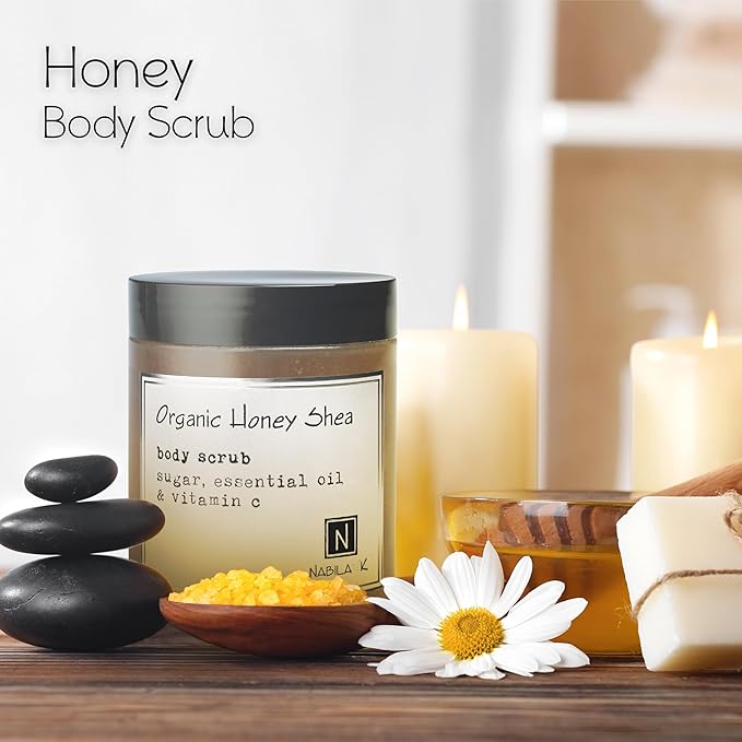 Organic Honey Shea Body Scrub Made in USA with Essential Oil and Vitamin C by Nabila K - Exfoliate and Moisturize for Smooth Skin - Luxury for Women & Men, 10 oz