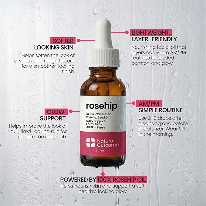 natural outcome Rosehip Oil 100% Pure Cold-Pressed Rosehip Seed Face Oil - Anti-Aging Facial Oil to Plump, Balance & Hydrate 1 oz