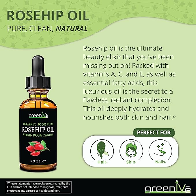 GreenIVe Organically Grown Rosehip Oil Rosa Canina 100% Pure Cold Pressed Virgin Oil Natural (16 Fl Oz)