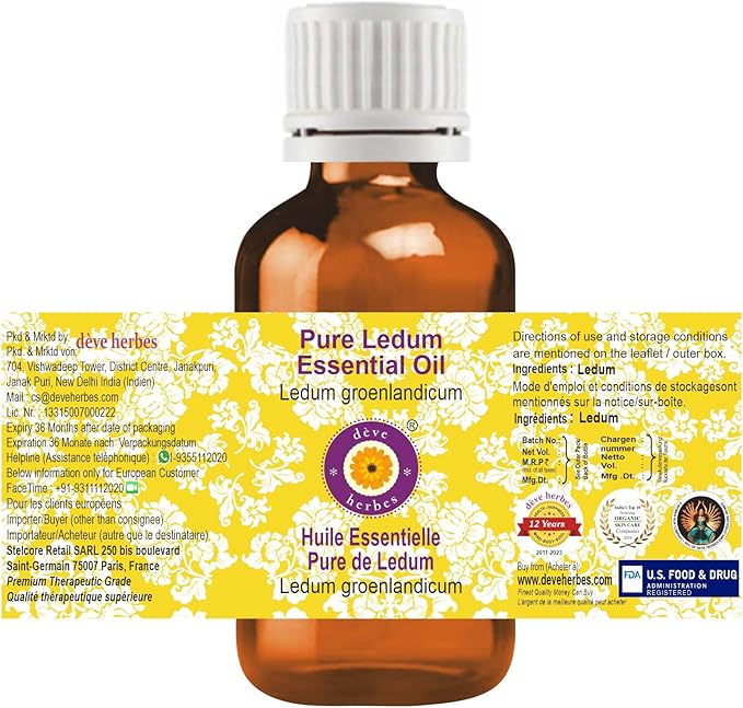 dève herbes Ledum Essential Oil (Ledum groenlandicum) Pure | Non-Sticky | Non-Greasy | Lightweight | Men & Women | All Skin Types | Steam Distilled 2ml (0.06 oz)