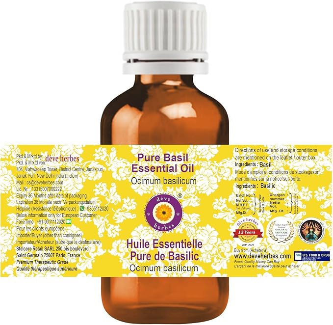 Deve Herbes Pure Basil Essential Oil (Ocimum basilicum) Steam Distilled (Pack of Two) 100ml X 2 (6.76 oz)