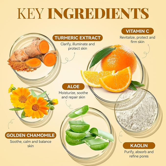Turmeric Vitamin C Face Mask, Deeep Cleansing Clay Mask for Dull Skin, Skincare Facial Mask for Refining Pores and Controlling Oil, Smooth & Radiant Skin, Face Skincare Gifts, 4.23 OZ