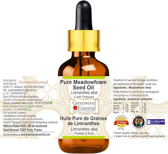 Greenwood Essential Meadowfoam Seed Oil (Limnanthes alba) with Glass Dropper | Cold Pressed | Natural | Undiluted | For Diluting Essential Oils | For Hair, Skin & Massage | Unisex | 100ml (3.38 oz)