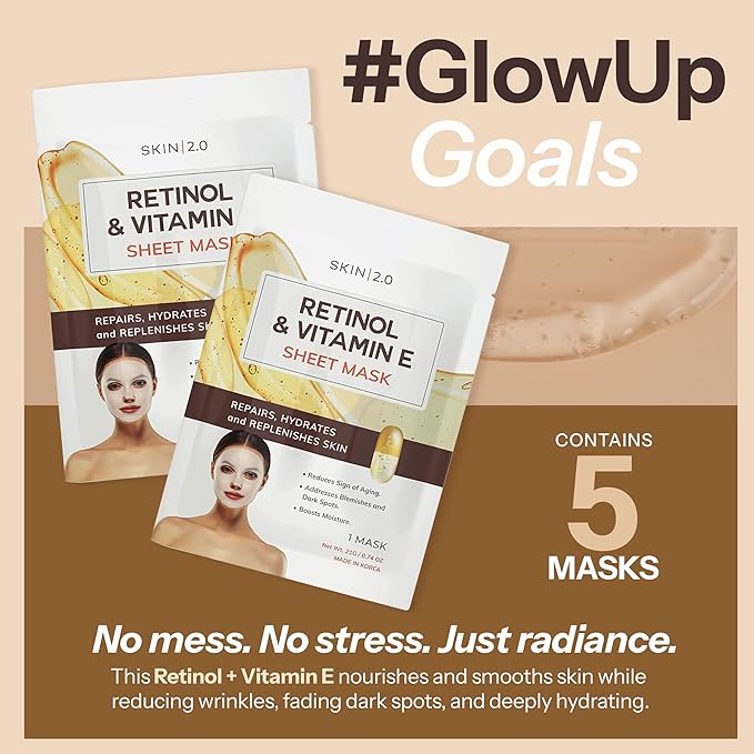 Skin 2.0 Retinol & Vitamin E Sheet Mask - Anti-Aging, Acne Scar & Hyperpigmentation - Hydrating, Dermatologist Tested Korean Skincare - Clean Beauty, Cruelty-Free, All Skin Types - 5 Masks
