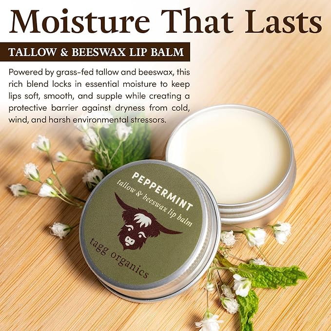 Peppermint Moisturizing Tallow Lip Balm – Nourishing & Soothing with Organic Grass-Fed & Finished Tallow, 100% All Natural Beeswax & Essential Oils for Soft, Hydrated Lips, 0.5 oz., by Tagg Organics.