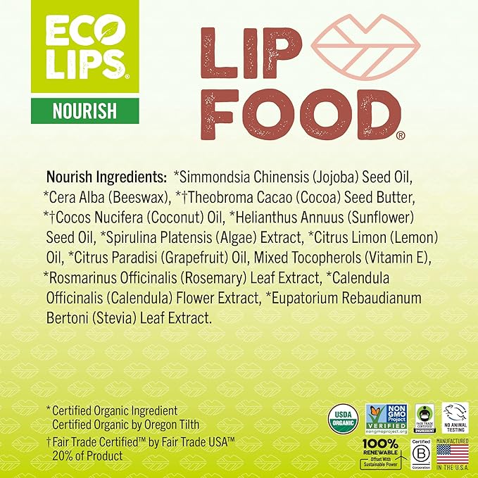 Eco Lips Lip Food - Nutrient Dense & Organic Lip Balm (Nourish), Lemon Spirulina Flavor 3-pack