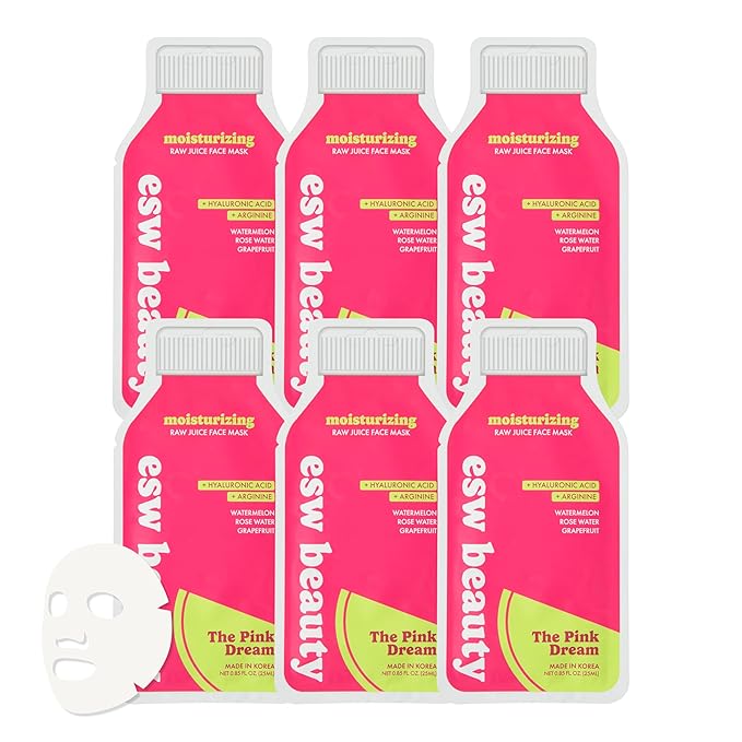 ESW Beauty The Pink Dream - Moisturizing Raw Juice Face Mask (6-Pack) - Hydrating with Watermelon, Rose Water & Grapefruit for Dry, Sensitive Skin - Vitamins C & E for Radiance