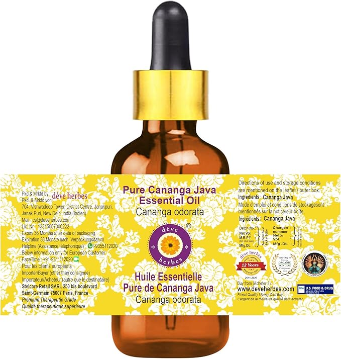 Deve Herbes Pure Cananga Java Essential Oil (Cananga odorata) with Glass Dropper Steam Distilled 10ml (0.33 oz)