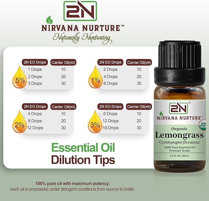 Lemongrass Essential Oil, USDA Certified Organic, 100% Pure Undiluted, Aromatherapy Oil for Diffuser, Hair & Skin Care