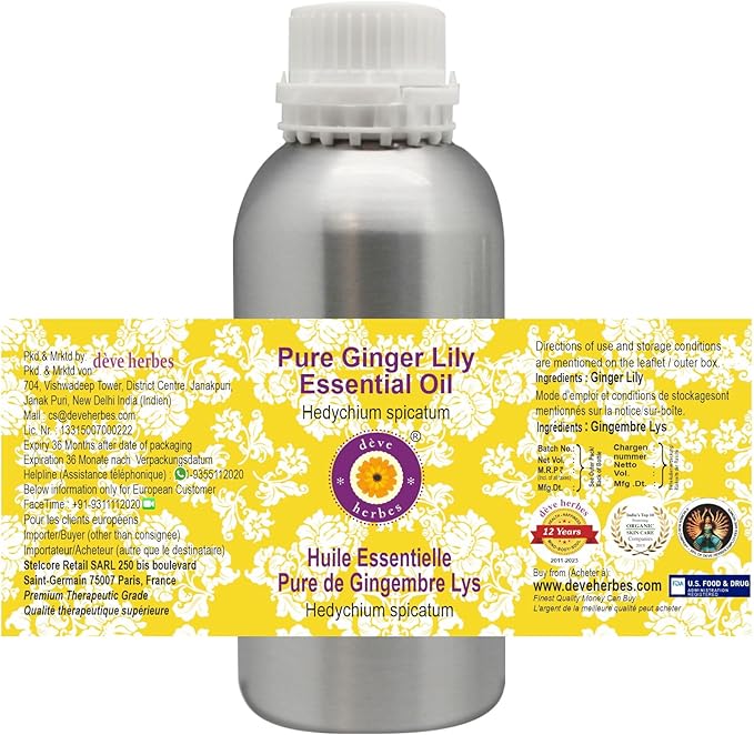 Deve Herbes Pure Ginger Lily Essential Oil (Hedychium spicatum) Steam Distilled 300ml (10 oz)