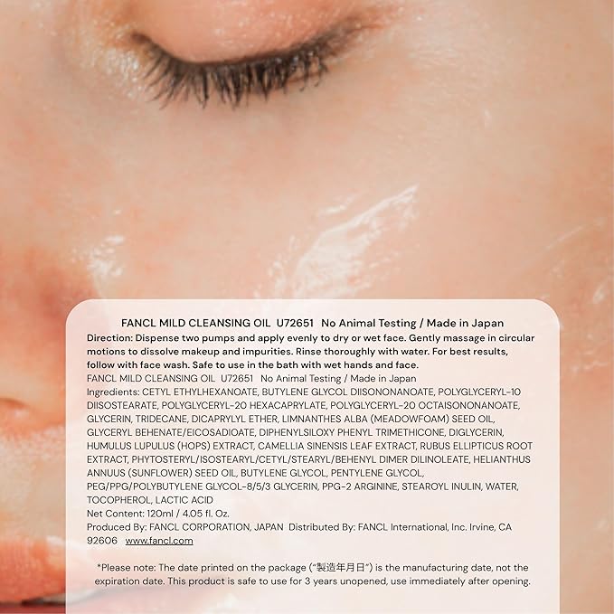 FANCL Mild Cleansing Oil, Japanese Facial Cleansing Oil, Makeup Remover, Oil Cleanser, 100% Preservative Free, Clean Skincare for Sensitive Skin (1, Blue)