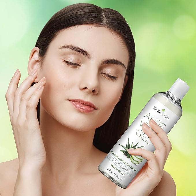 KinRose Care, 12oz Organic Aloe Vera Gel for Face, Skin, Hair & Sunburn Relief - From 100 Percent Pure Aloe Vera - Cold Pressed, Vegan, Unscented - Made in USA.