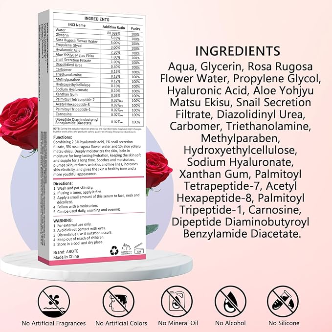 2.3% Hyaluronic Acid Serum for Face with 5% Rosa Flower Water Deep Moisturizing Anti-Wrinkle(3Pack-Each 15g)