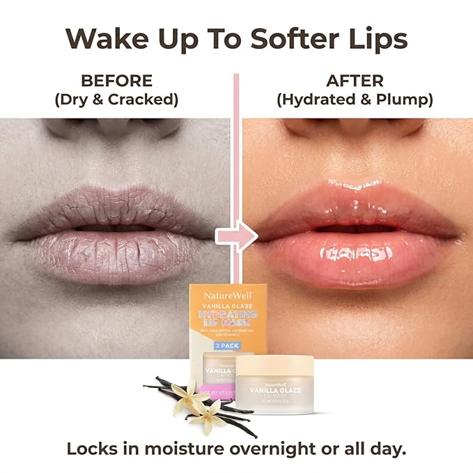 NATURE WELL Vanilla Glaze Hydrating Lip Mask For A Softer, Smoother, Plumper Pout, Nourish & Moisturize Dry Cracked Lips, Made With Shea Butter & Vitamin C, Clean Formula, 0.70 Ounce Each (Pack of 2)
