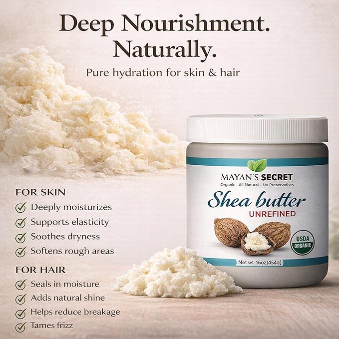 Mayan's Secret Organic Shea Butter USDA Certified, Raw, Unrefined, Ivory from Ghana Africa, Amazing for Skin Elasticity, Stretch Marks and body