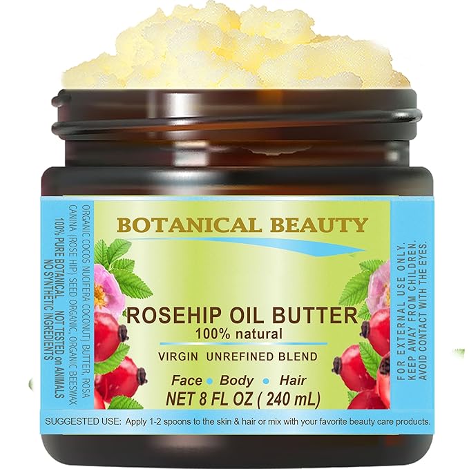 Botanical Beauty ROSEHIP OIL BUTTER ROSE HIP 100% Natural Pure Virgin Unrefined RAW Cold Pressed for FACE, SKIN, BODY, DAMAGED HAIR, NAILS. Rich in vitamin E 8 Fl Oz 240 ml